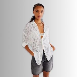 Free People Have Tunic Button Down Lace Shirt, Drop Shoulder, Tie Back, Size Lg